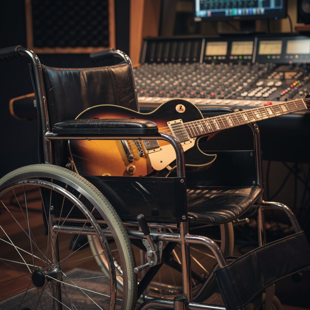 Wózek inwalidzki z gitarą w studiu nagraniowym