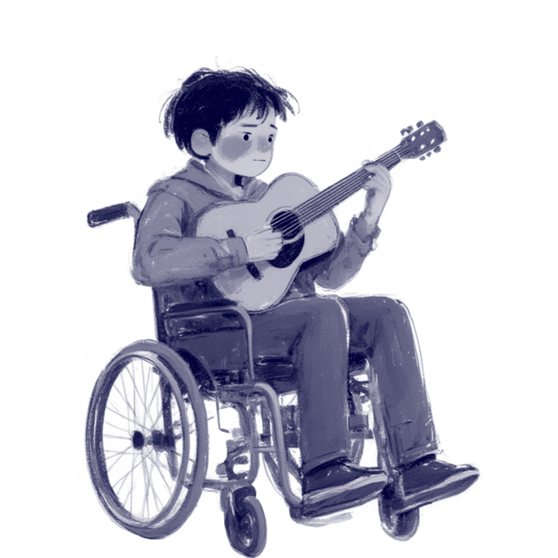 Czarno-biała ilustracja chłopca na wózku grającego na gitarze